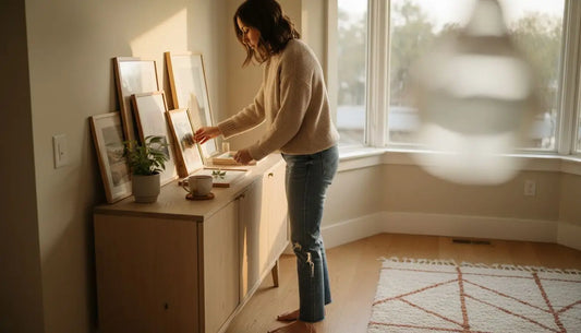 Frau richtet gerahmte Fotos in persönlicher Kunstnische ein.