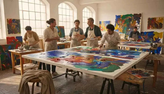 Large abstraktes gemälde auf staffelei mit lebendigen farben und strukturierte oberfläche kunst umfassend erklärt psychologische trigger asiatischen kulturen