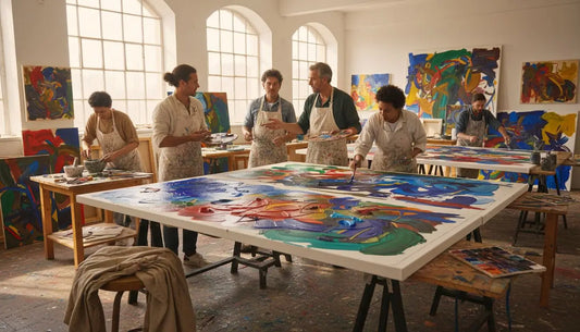 Großes abstraktes Gemälde auf Staffelei mit lebendigen Farben und texturierter Oberfläche