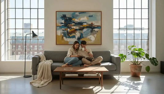 Graues sofa mit texturierter decke vereint klassisches gemälde und spirituelle bedeutung im interieur verschmelzen