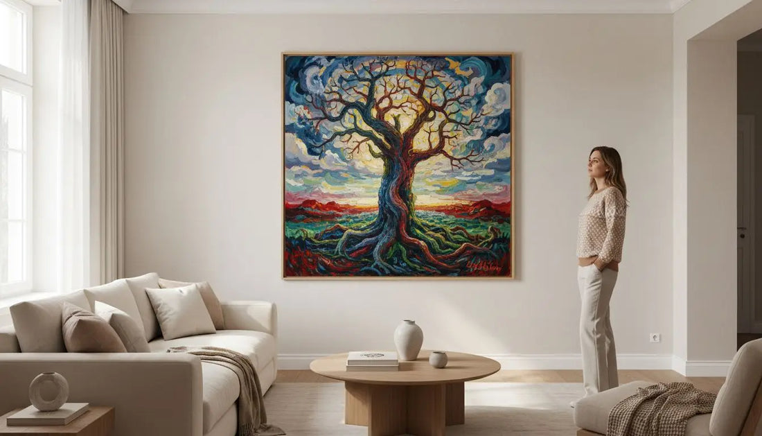 Großes Baumgemälde mit leuchtenden Farben und symbolischer Bedeutung