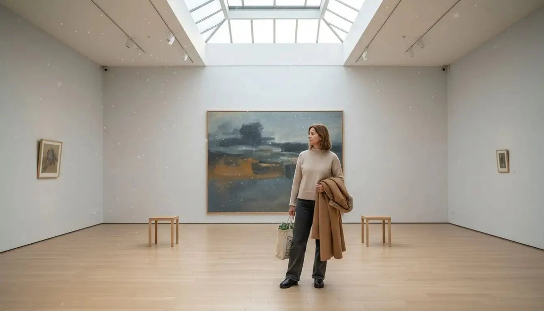 Eine frau im kunstraum hält eine beige tote bag mit grünen pflanzen und symbolische bedeutung erleben.