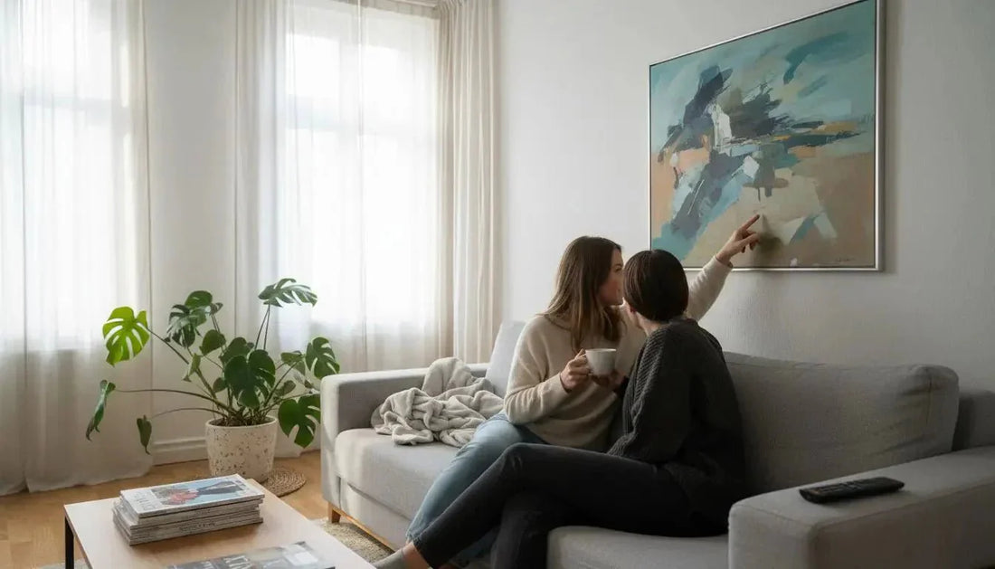 Abstract wandbild mit kräftigen teilstreifen in teal beige und schwarz auf weißem leinwand zeigt emotionale wirkung und ästhetische bedeutung