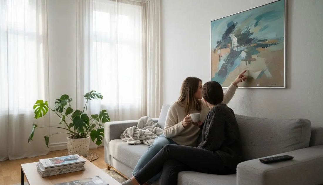 Abstraktes Wandbild mit Teal-, Beige- und Schwarzstrichen auf weißem Canvas