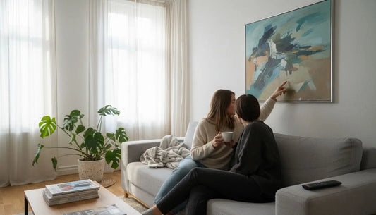 Abstraktes Wandbild mit Teal-, Beige- und Schwarzstrichen auf weißem Canvas