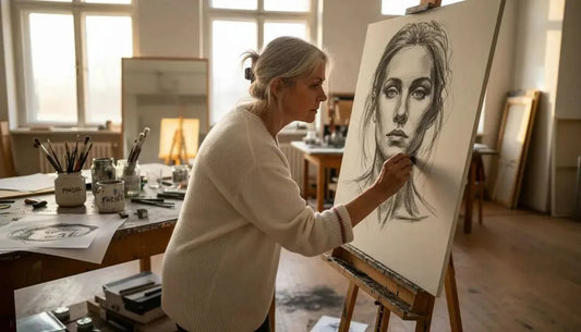 Detaillierte charcoal-skizze eines frauenporträts mit feinen linien zur darstellung psychologischer effekte und ästhetischem gleichgewicht