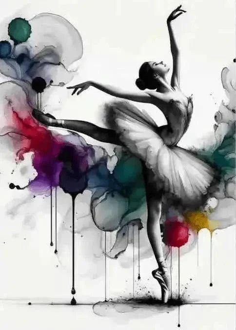Ballerina in schwarzem leotard und weißem tutu auf leinwand mit bewegung und poesie aus teal und grau