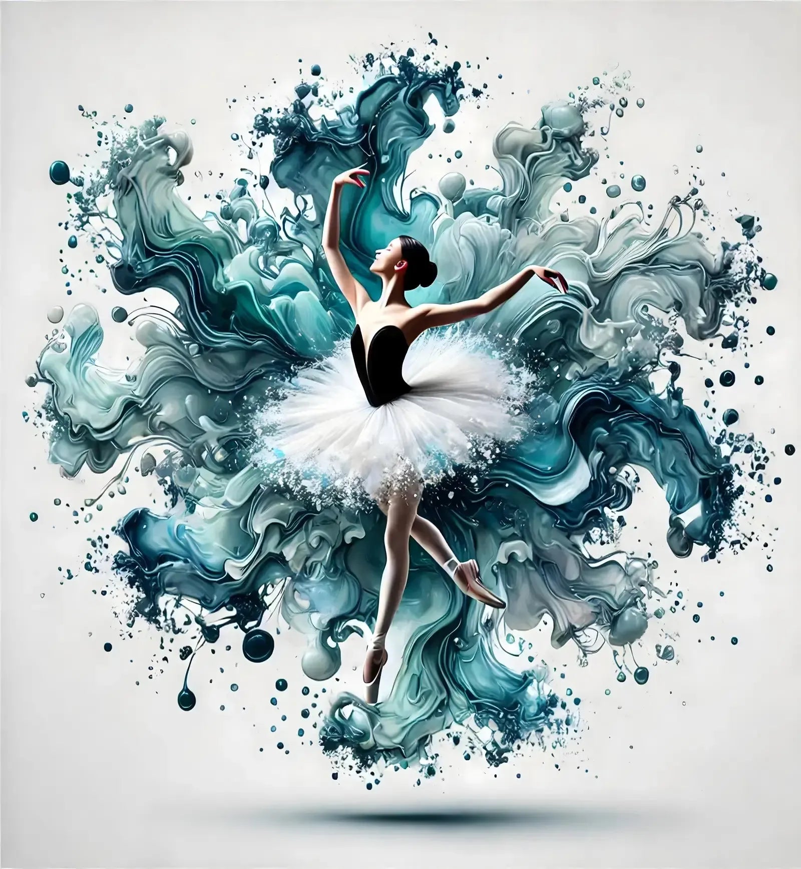 Ballerina in schwarzem Leibchen und weißem Tutu umgeben von teal und grau flüssigkeit