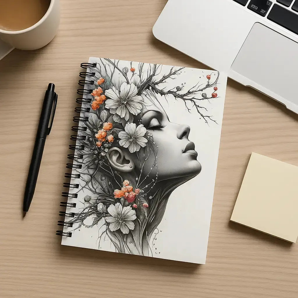 Spiralbindung Heft mit künstlerischer Frauenprofilzeichnung mit Blumen und Zweigen in Celestial Heads Sammlung