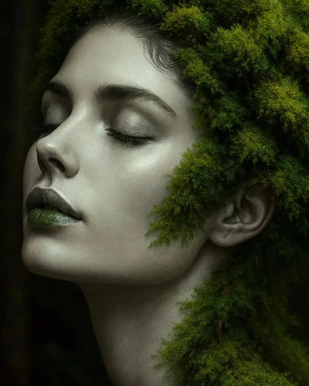 Frauengesicht mit lebendigem grünen Moos im Gaia Kollektion Design