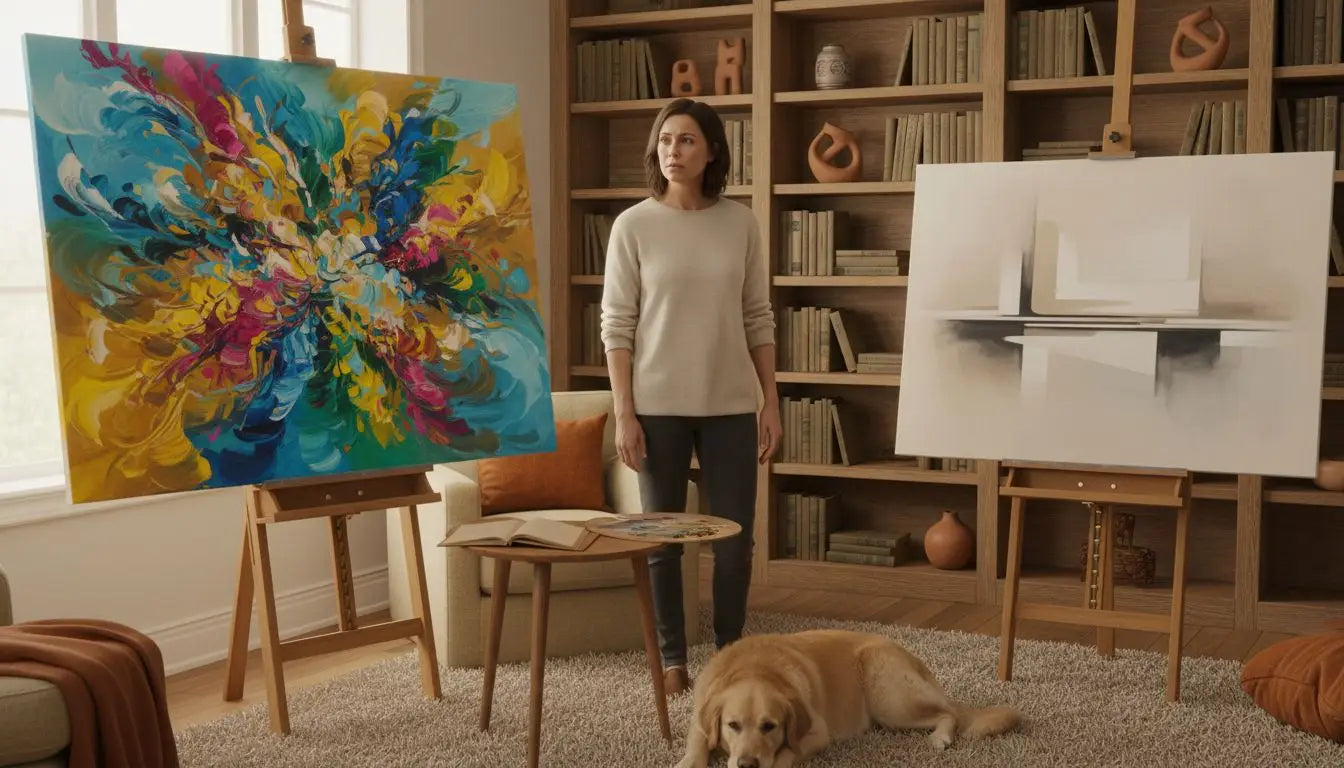 Woman compares and selects works of art