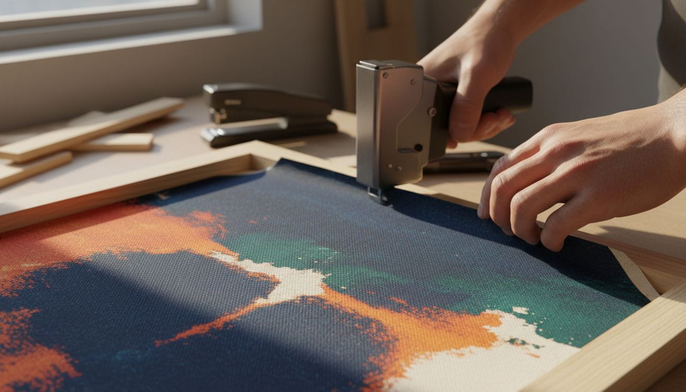 The canvas is stretched onto a stretcher frame.