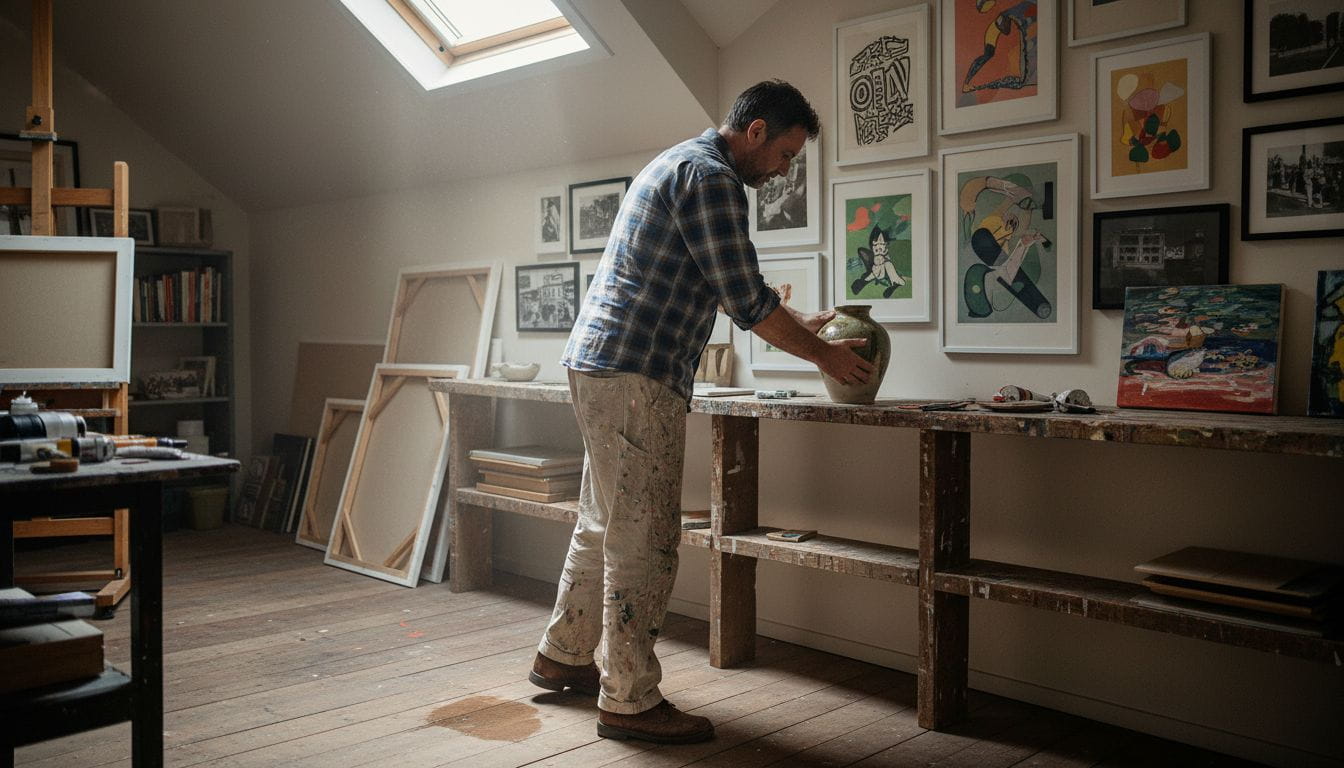 Man arranges ceramic vase in art studio