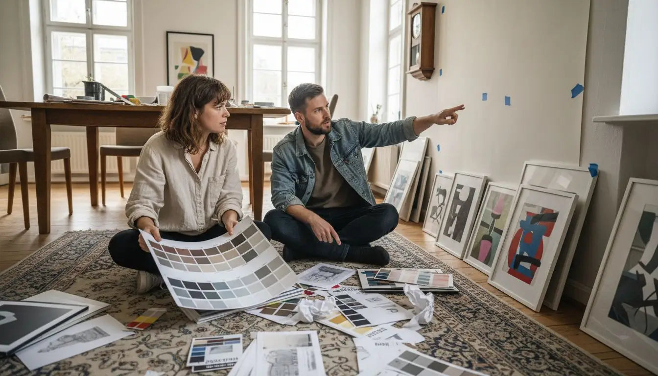 Des amis travaillent ensemble sur un concept de chambre, en comparant différentes œuvres d'art et palettes de couleurs.