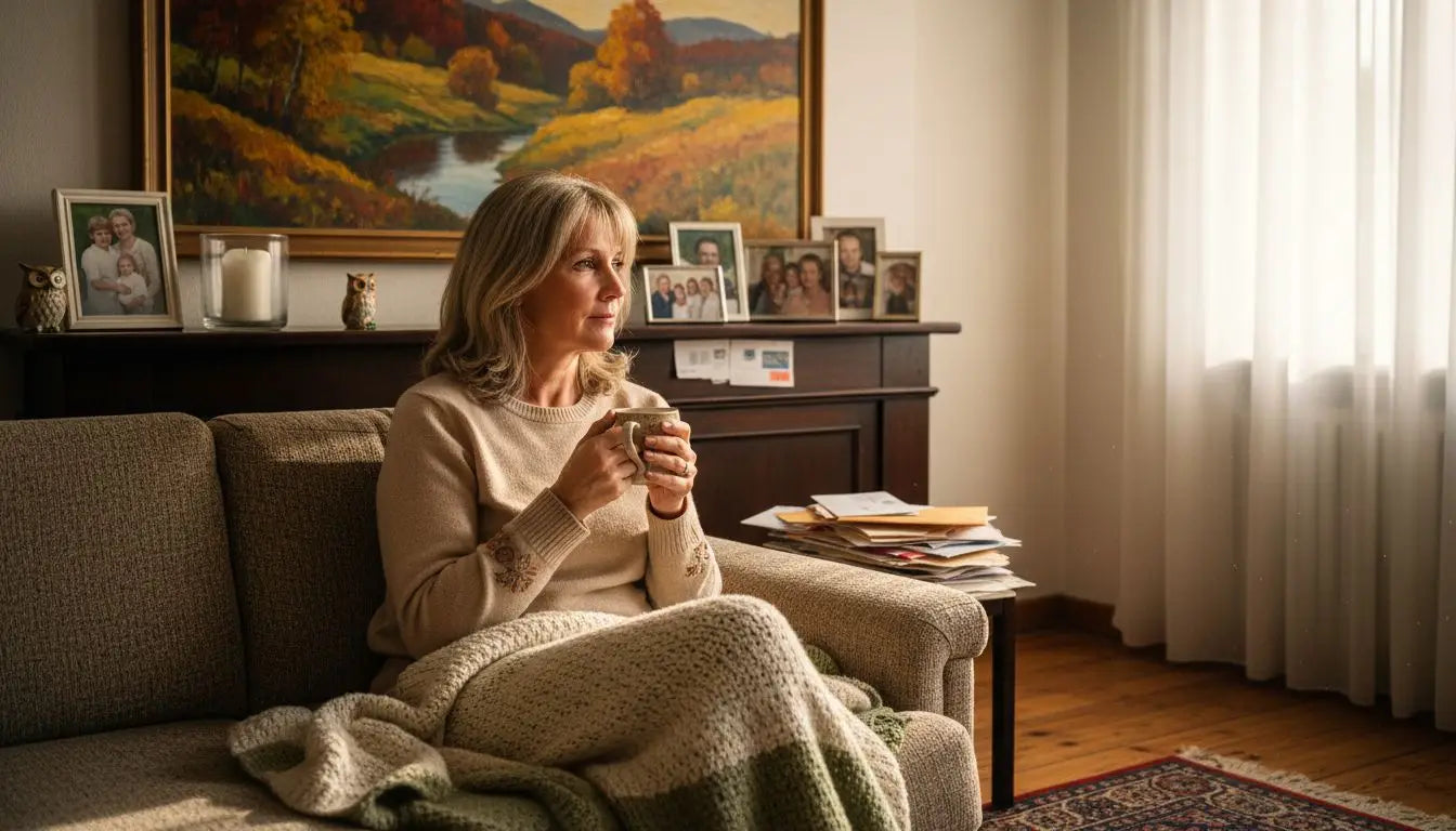 An elderly lady relaxes and enjoys viewing works of art.