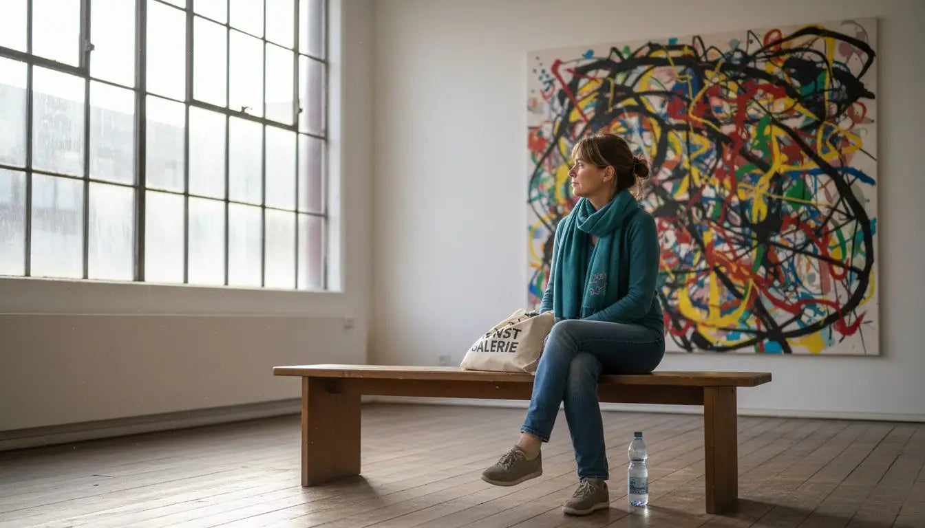 Une femme examine pensivement un tableau dans une galerie.