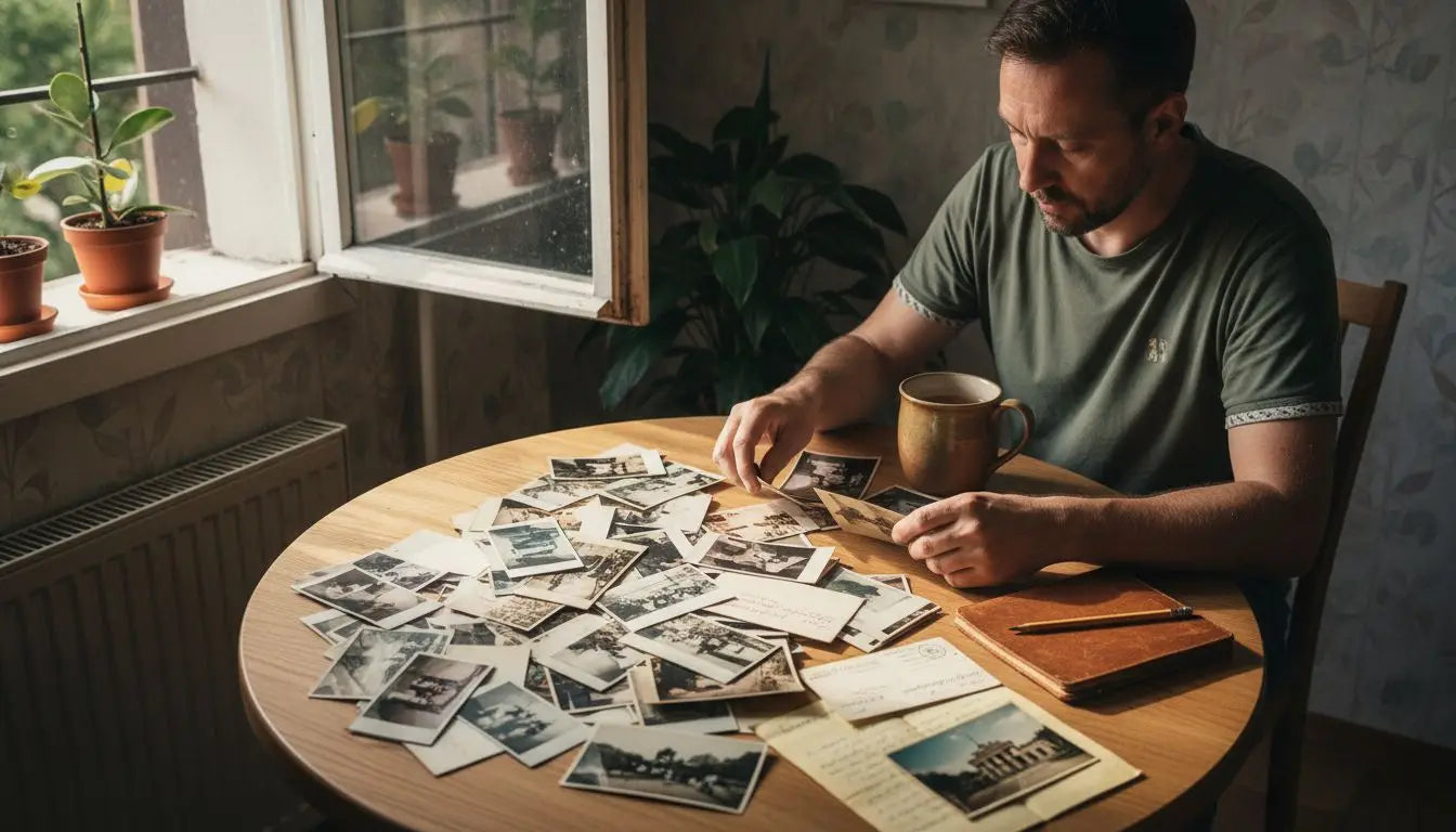 A man browses through his photo collection in search of creative ideas for new artworks.