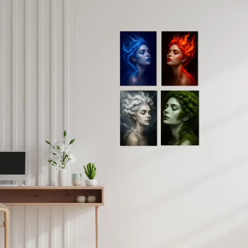 Vier Kunstdrucke mit Frauen, Erde, Luft, Feuer und Wasser, an Wand über Holzkonsole