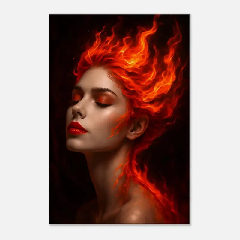 Frau mit feurigen roten Haaren und Make-up vor dem 4er-Set Elemente Erde Luft Feuer Wasser