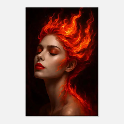 Frau mit feurigen roten Haaren und Make-up vor dem 4er-Set Elemente Erde Luft Feuer Wasser