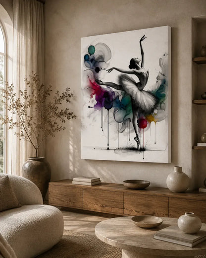 Eine moderne leinwand mit schwarzer ballerina-silhouette und farbenfrohen farbspritzern im tanzstil tropfen der anmut