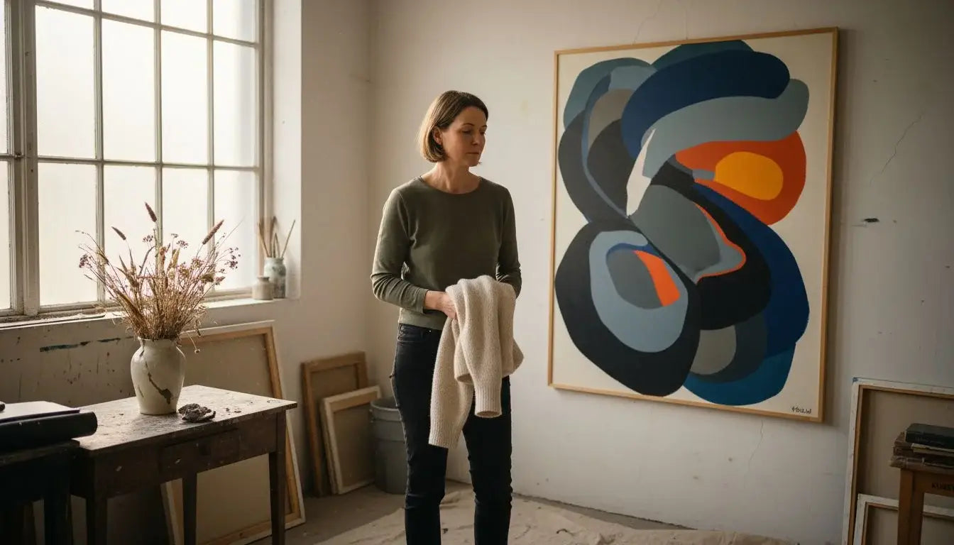 Abstrakte moderne Wandkunst mit swirling Formen in Blau, Grau, Orange