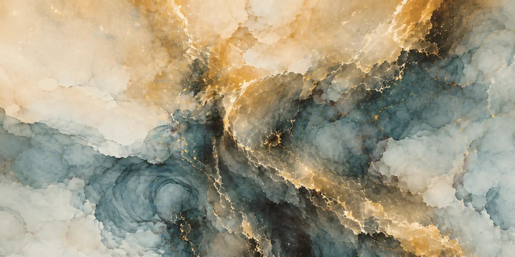 Abstrakte Marmor-Muster-Wandkunst mit wirbelnden Verläufen in Beige, Gold, Tiefblau und Schwarz.