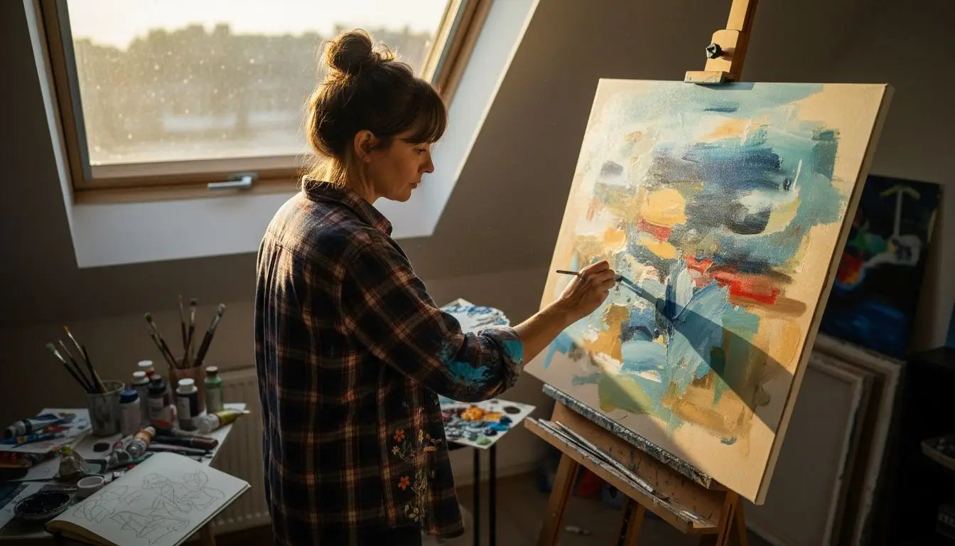 In the studio, an artist brings her ideas to life on the canvas with brush and paint.