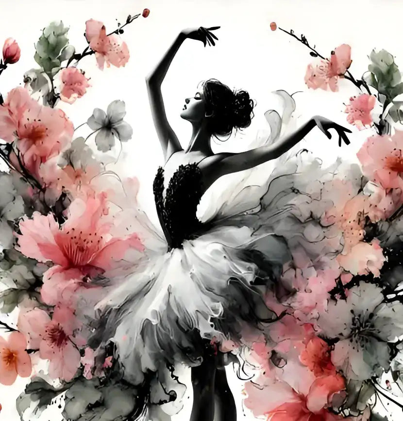Eine anmutige Ballerina in einem schwarz-weißen Tutu, umgeben von rosa Blüten.