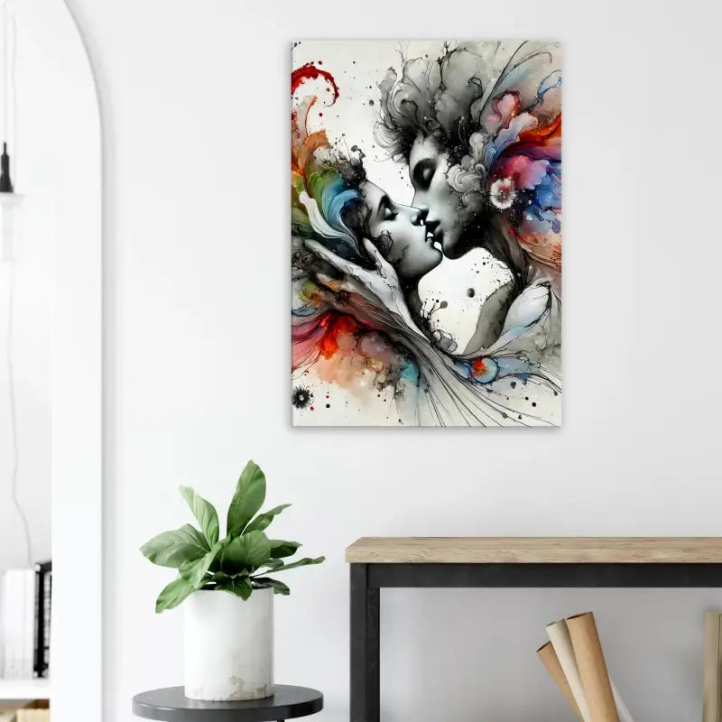 Aquarellmalerei von umarmenden Figuren im Kunstwerk Im Augenblick versunken Ein Kuss ein Universum