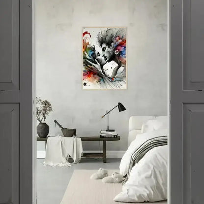 Abstraktes Schwarz-Weiß-Druck mit Farbspritzern: Augenblick versunken, gerahmtes Poster