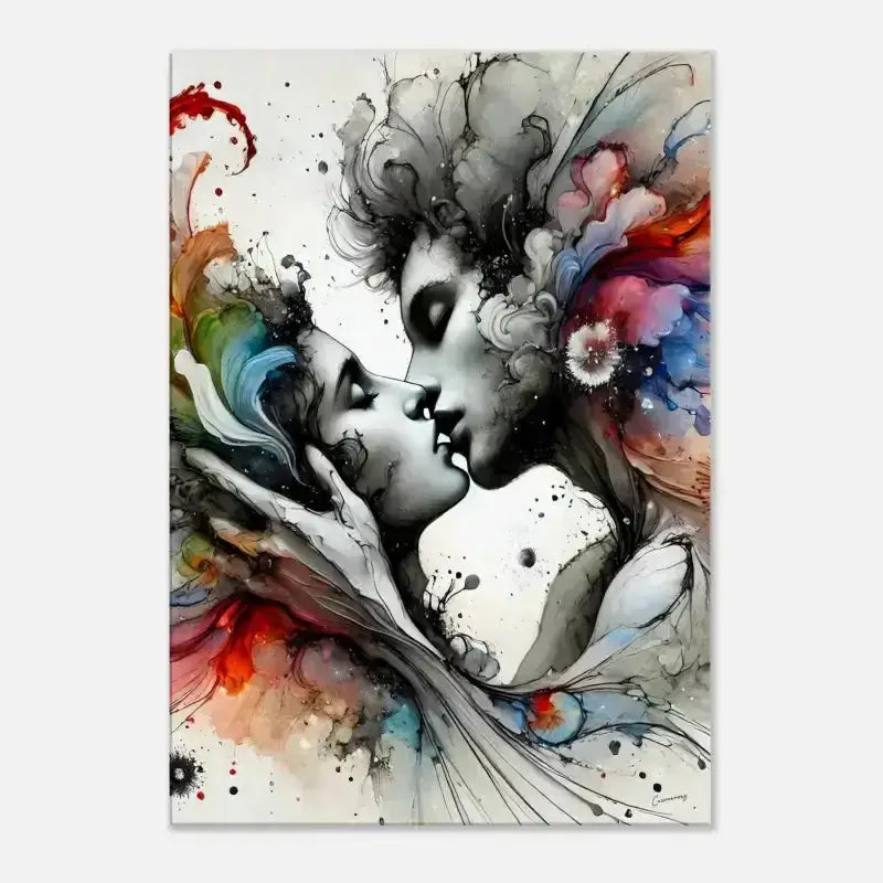 Abstraktes Gemälde von küssenden Figuren in augenblick versunken, lebendige Farben