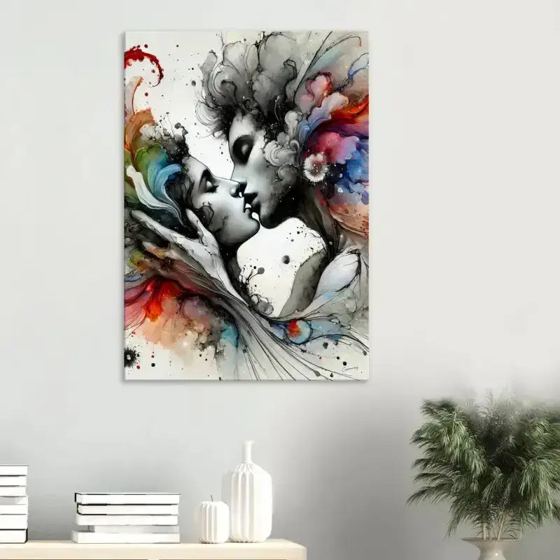 Abstraktes Gemälde von küssenden Figuren in augenblick versunken, lebendige Farben