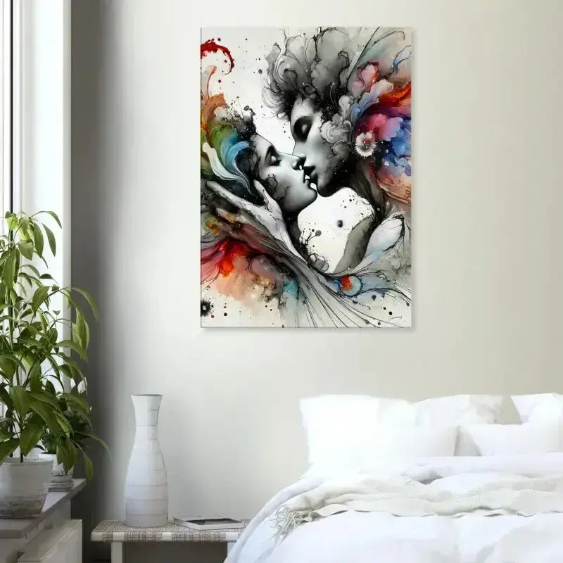 Moderne abstrakte Leinwand mit zwei Gesichtern, buntem Haar und augenblick versunken