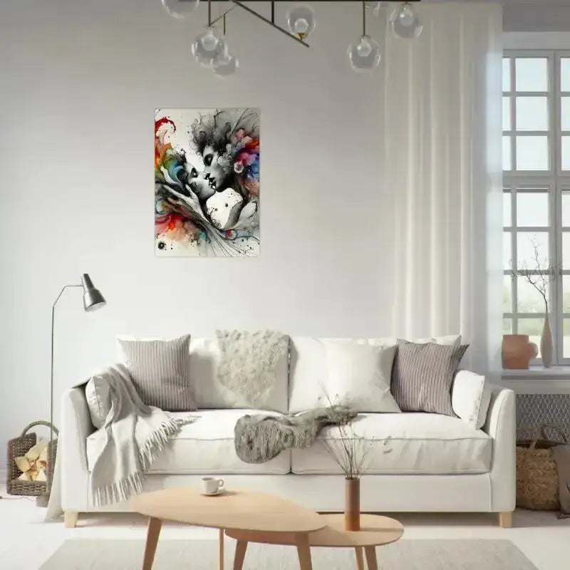 Weißes Ledersofa mit Holzbeinen, Kissen und augenblick versunken Poster