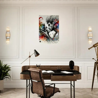 Holzschreibtisch mit schwarzem Lederstuhl, moderner Lampe und Augenblicke versunken Journal