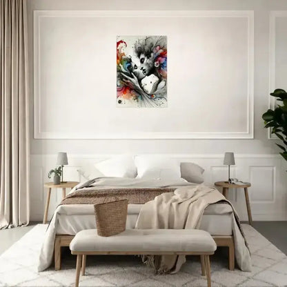 Abstraktes Schwarz-Weiß-Poster Im Augenblick versunken mit bunten Akzenten über Bett