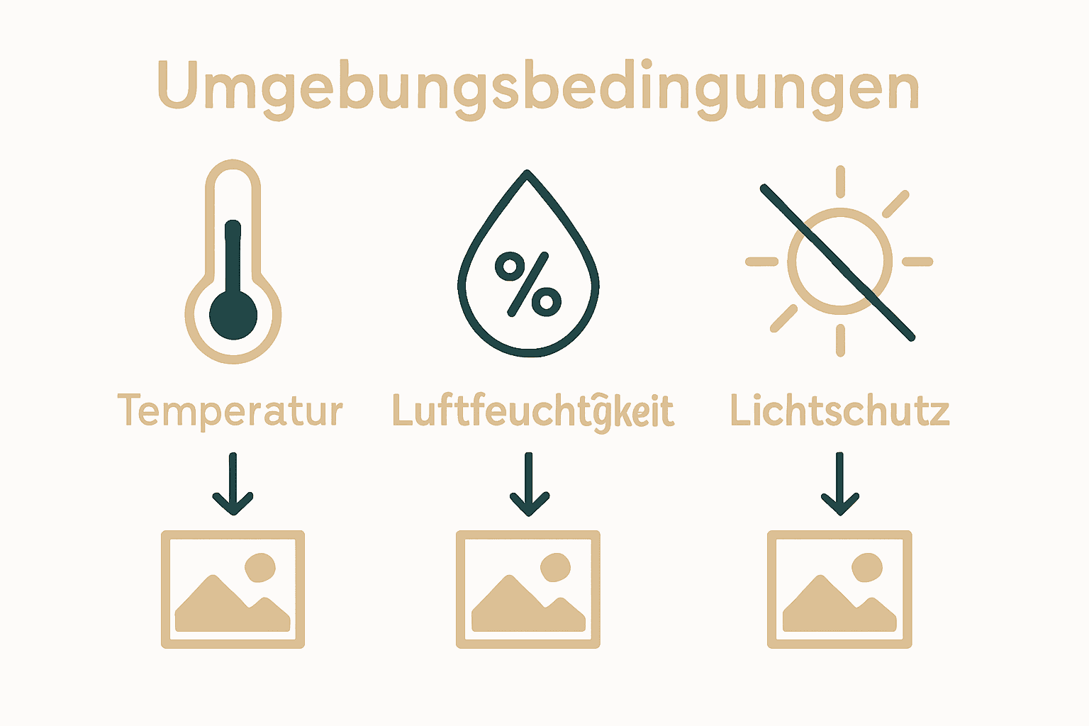 Minimalistische Icons zu Temperatur, Feuchtigkeit und Lichtschutz für Kunstwerke richtig pflegen