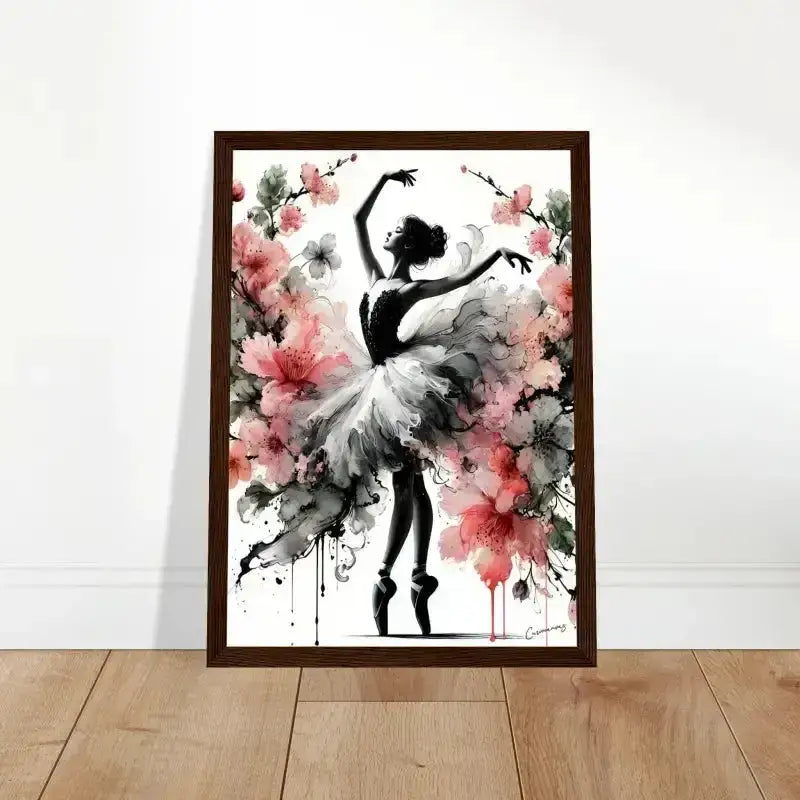 Gerahmtes Poster Blütentanz mit Schwarz-Weiß-Ballerina und Diamantmalerei-Kit
