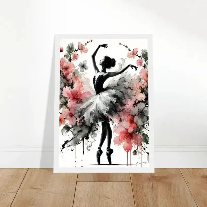 Gerahmtes Poster Blütentanz: Ballerina in Schwarz-Weiß auf rosa Blumen