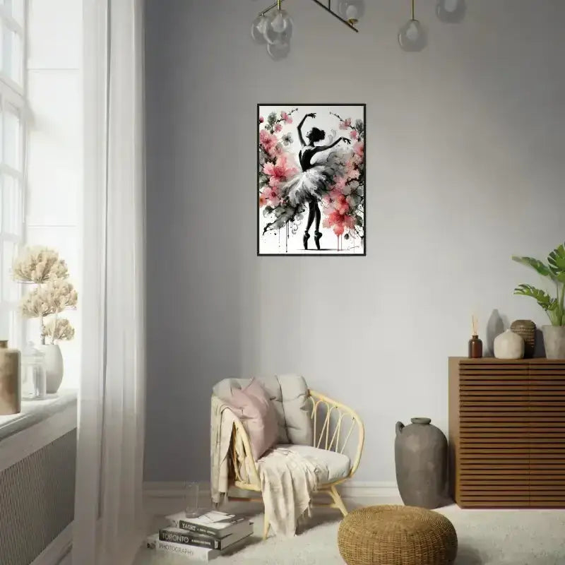 Schwarz-weiß Ballerina gerahmtes Poster mit rosa Blumenakzenten