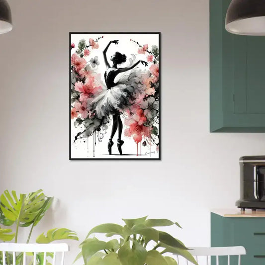Schwarz-weiß Ballerina gerahmtes Poster mit rosa Blumen Blütentanz