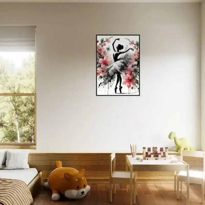 Gerahmtes Poster: Schwarz-weiß Ballerina mit Blumenakzenten