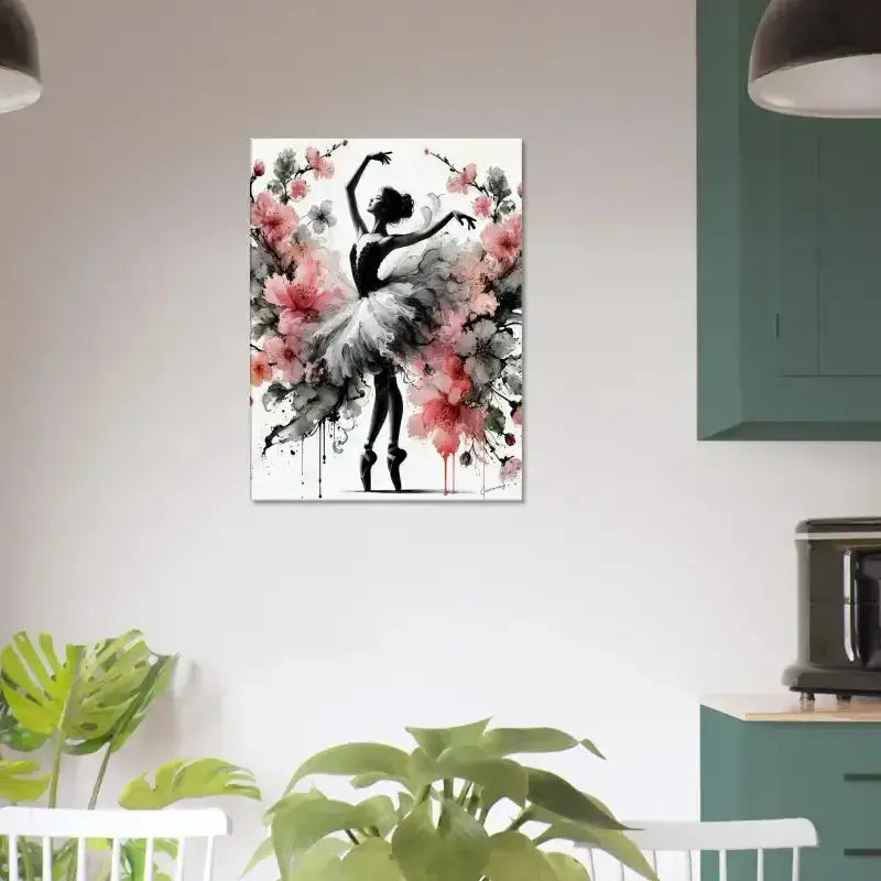 Schwarze und weiße Ballerina-Leinwandkunst mit floralen Details und Eleganz