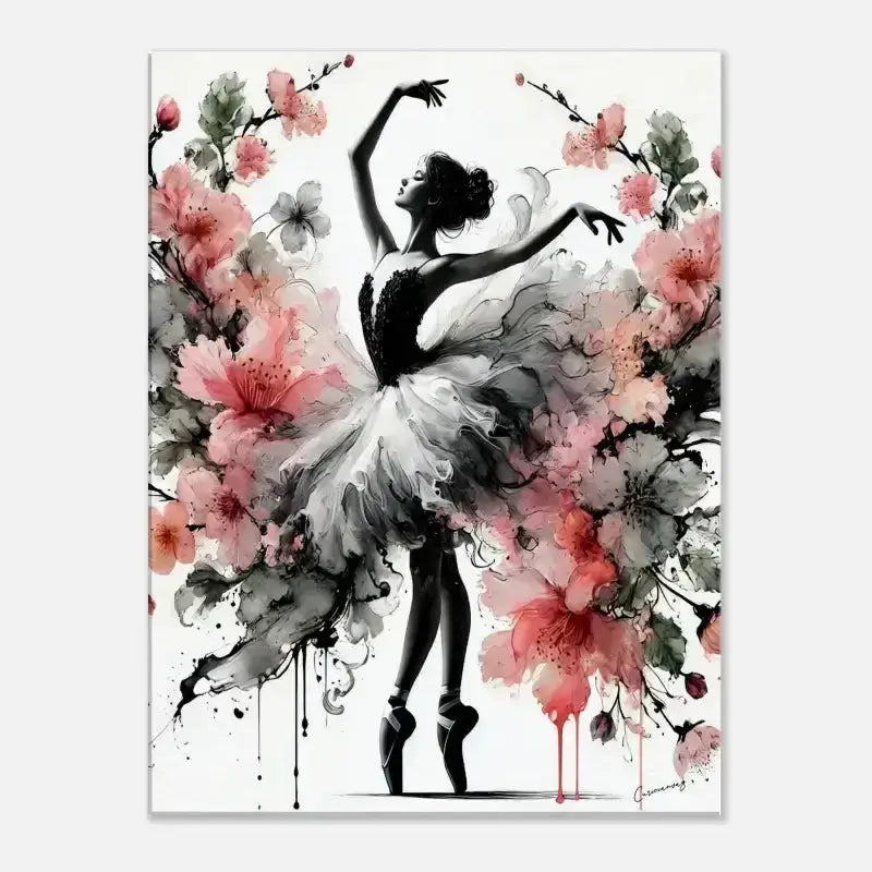 Weiße Aquarell-Ballerina mit floraler Eleganz auf Leinwand Blütentanz
