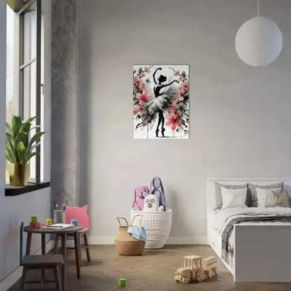 Elegante Aquarell-Ballerina mit weißen und rosa Blüten, schwarze Akzente auf Leinwand Blütentanz