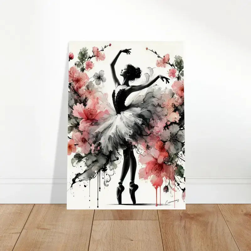 Ballerina Blütentanz Poster mit pinken Blumen, modern schwarz-weiß