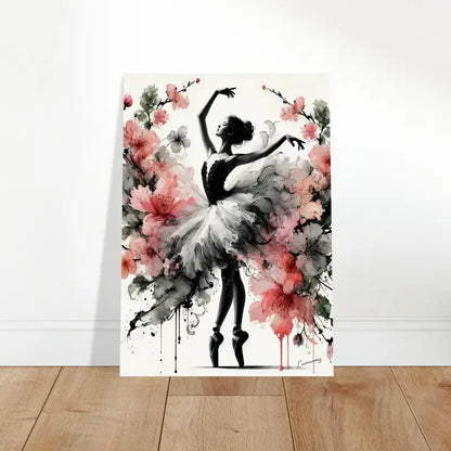 Ballerina Blütentanz Poster mit pinken Blumen, modern schwarz-weiß