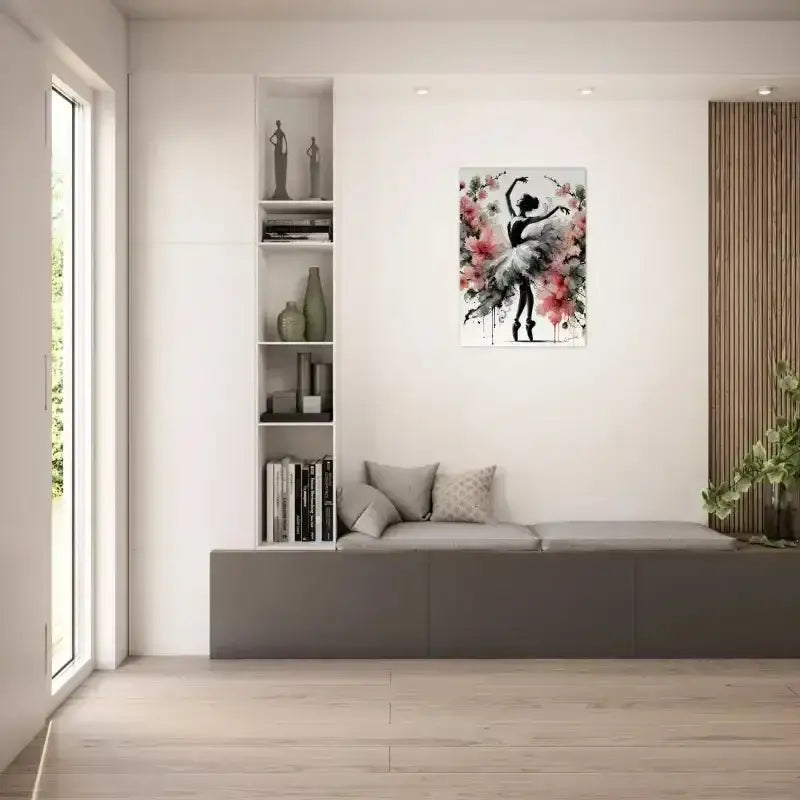 Moderner grauer Ecksofa mit Blütentanz-Poster und Ballerina-Motiv