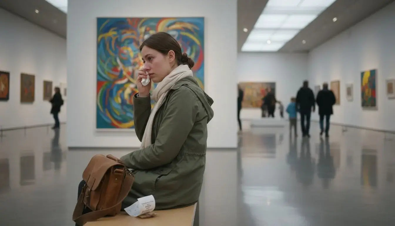 A young woman is deeply moved by a work of art and openly shows her feelings.